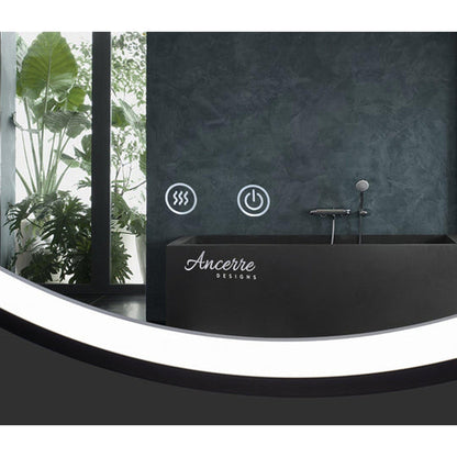 Ancerre Designs Sangle 30" Modern Round LED Lighted Black Framed Bathroom Vanity Mirror WithDimmer, Defogger and Vegan Leather Strap
