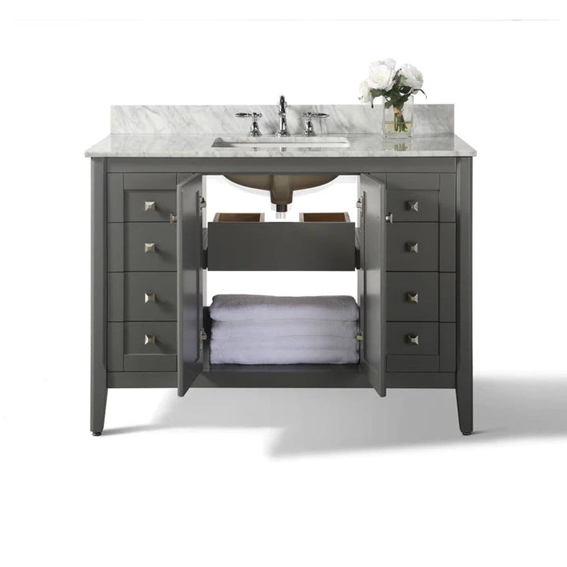 Ancerre Designs Shelton 48" Sapphire Gray 2-Door 9-Drawer Bathroom Vanity With Italian Carrara White Marble Vanity Top, Rectangle Undermount Ceramic Sink and 4" Backsplash