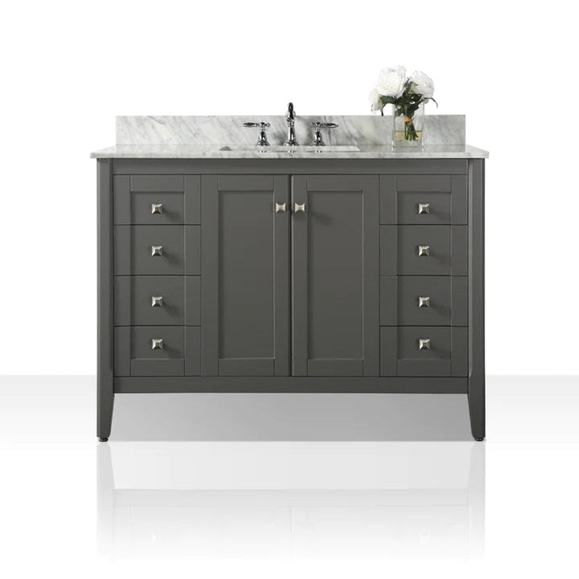 Ancerre Designs Shelton 48" Sapphire Gray 2-Door 9-Drawer Bathroom Vanity With Italian Carrara White Marble Vanity Top, Rectangle Undermount Ceramic Sink and 4" Backsplash