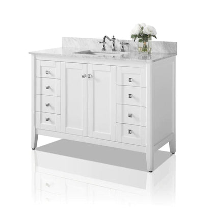 Ancerre Designs Shelton 48" White 2-Door 9-Drawer Bathroom Vanity With Italian Carrara White Marble Vanity Top, Single Rectangle Undermount Ceramic Sink and 4" Backsplash