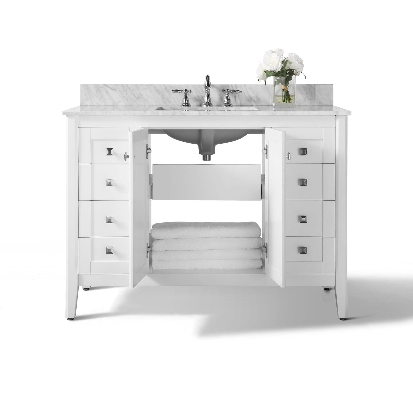 Ancerre Designs Shelton 48" White 2-Door 9-Drawer Bathroom Vanity With Italian Carrara White Marble Vanity Top, Single Rectangle Undermount Ceramic Sink and 4" Backsplash