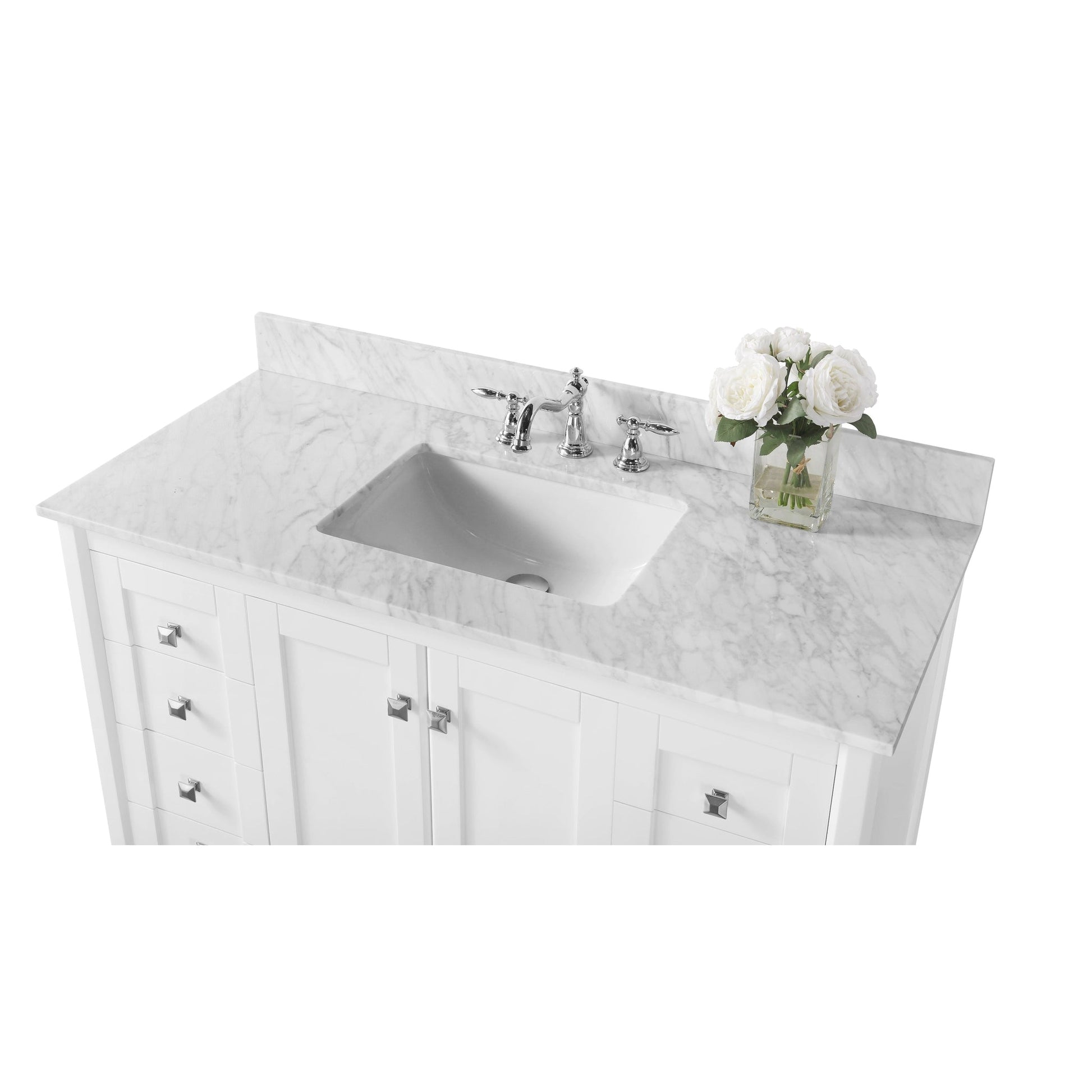 Ancerre Designs Shelton 48" White 2-Door 9-Drawer Bathroom Vanity With Italian Carrara White Marble Vanity Top, Single Rectangle Undermount Ceramic Sink and 4" Backsplash