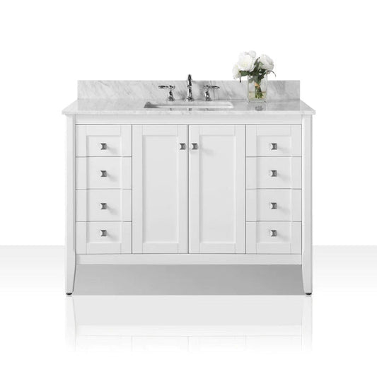Ancerre Designs Shelton 48" White 2-Door 9-Drawer Bathroom Vanity With Italian Carrara White Marble Vanity Top, Single Rectangle Undermount Ceramic Sink and 4" Backsplash
