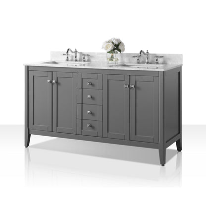 Ancerre Designs Shelton 60" Sapphire Gray 4-Door 6-Drawer Bathroom Vanity With Italian Carrara White Marble Vanity Top, Double Rectangle Undermount Ceramic Sinks and 4" Backsplash