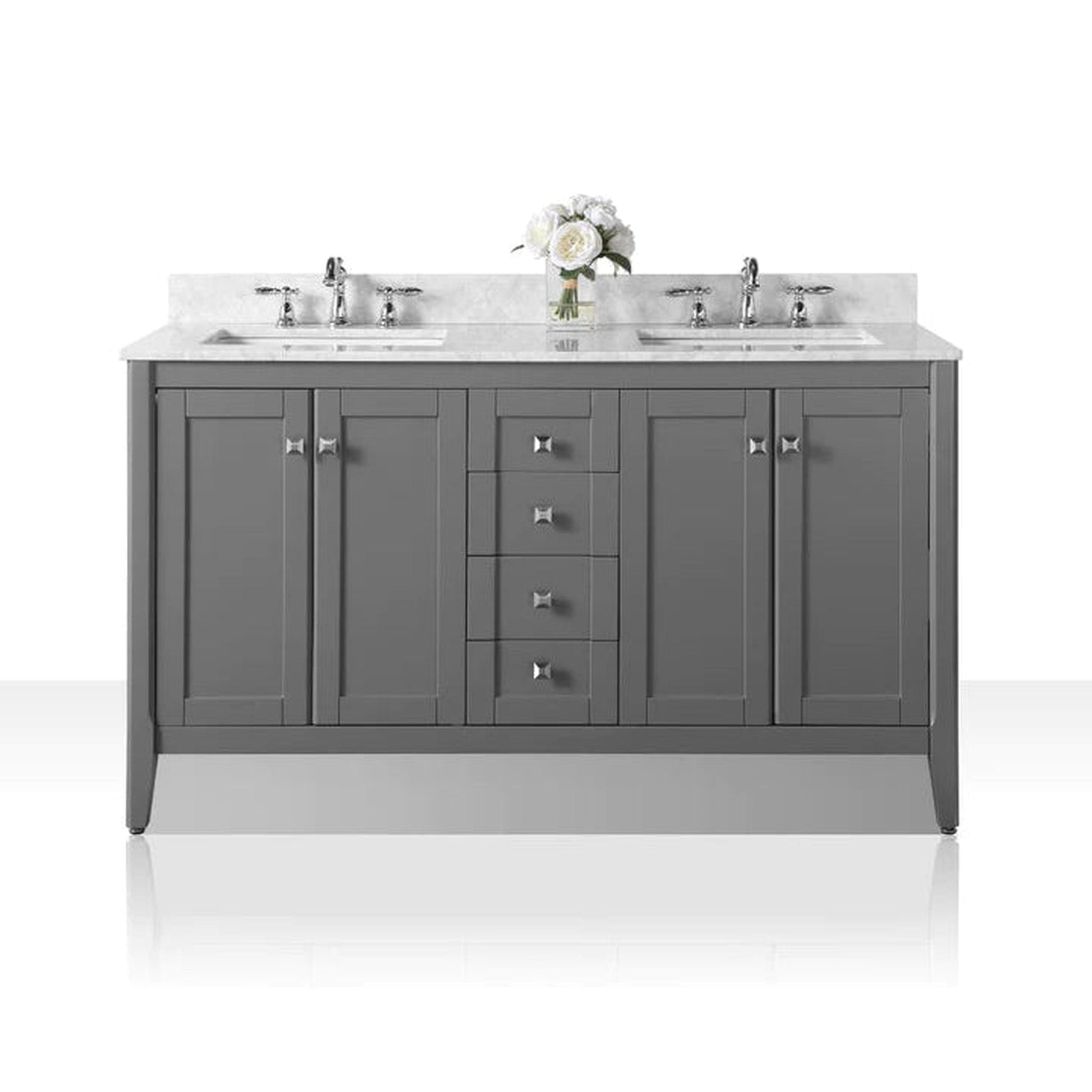 Ancerre Designs Shelton 60" Sapphire Gray 4-Door 6-Drawer Bathroom Vanity With Italian Carrara White Marble Vanity Top, Double Rectangle Undermount Ceramic Sinks and 4" Backsplash