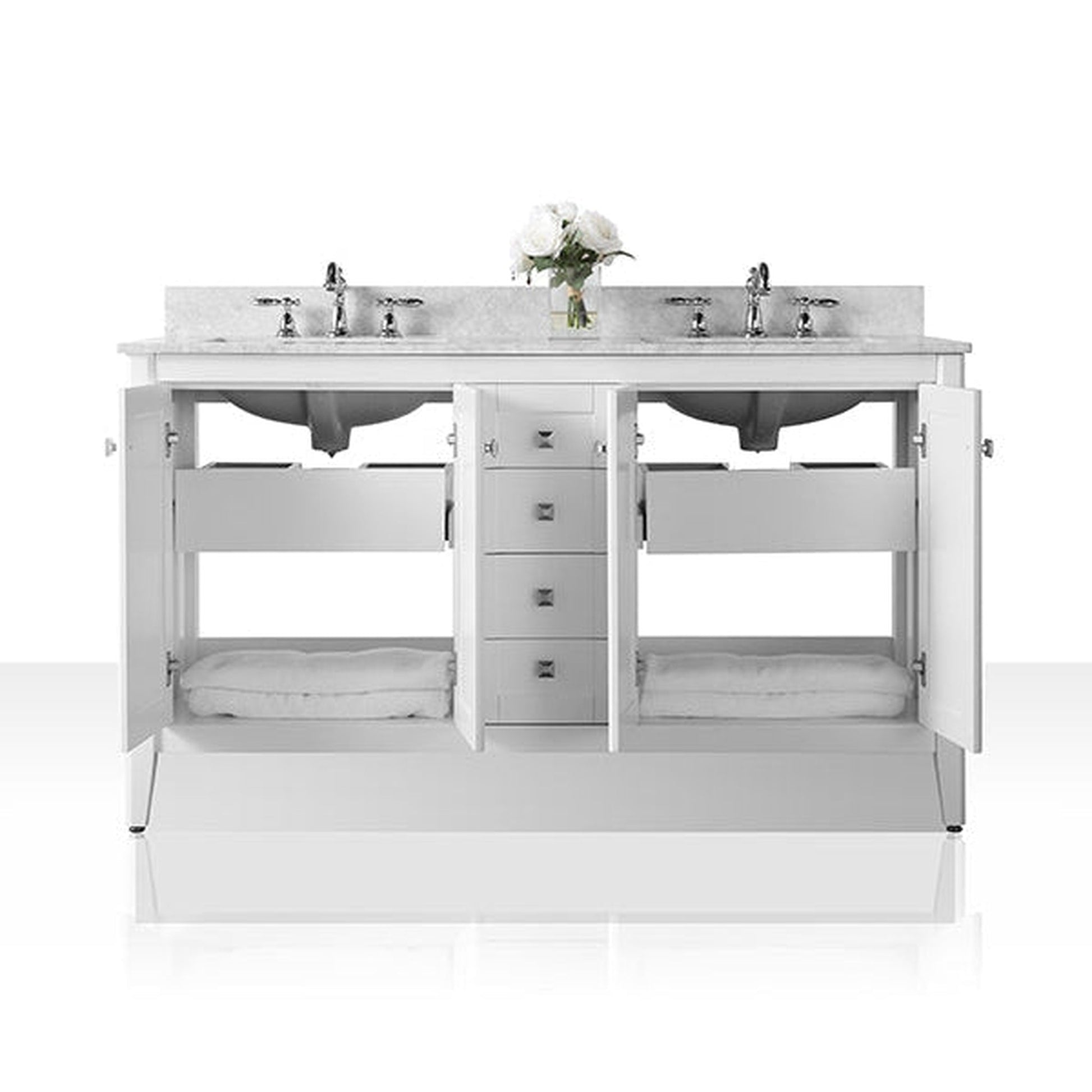 Ancerre Designs Shelton 60" White 4-Door ,6-Drawer Bath Vanity With Italian Carrara White Marble Vanity Top, Double Wide cUPC Rectangular Undermount Ceramic Sinks And 4” Backsplash