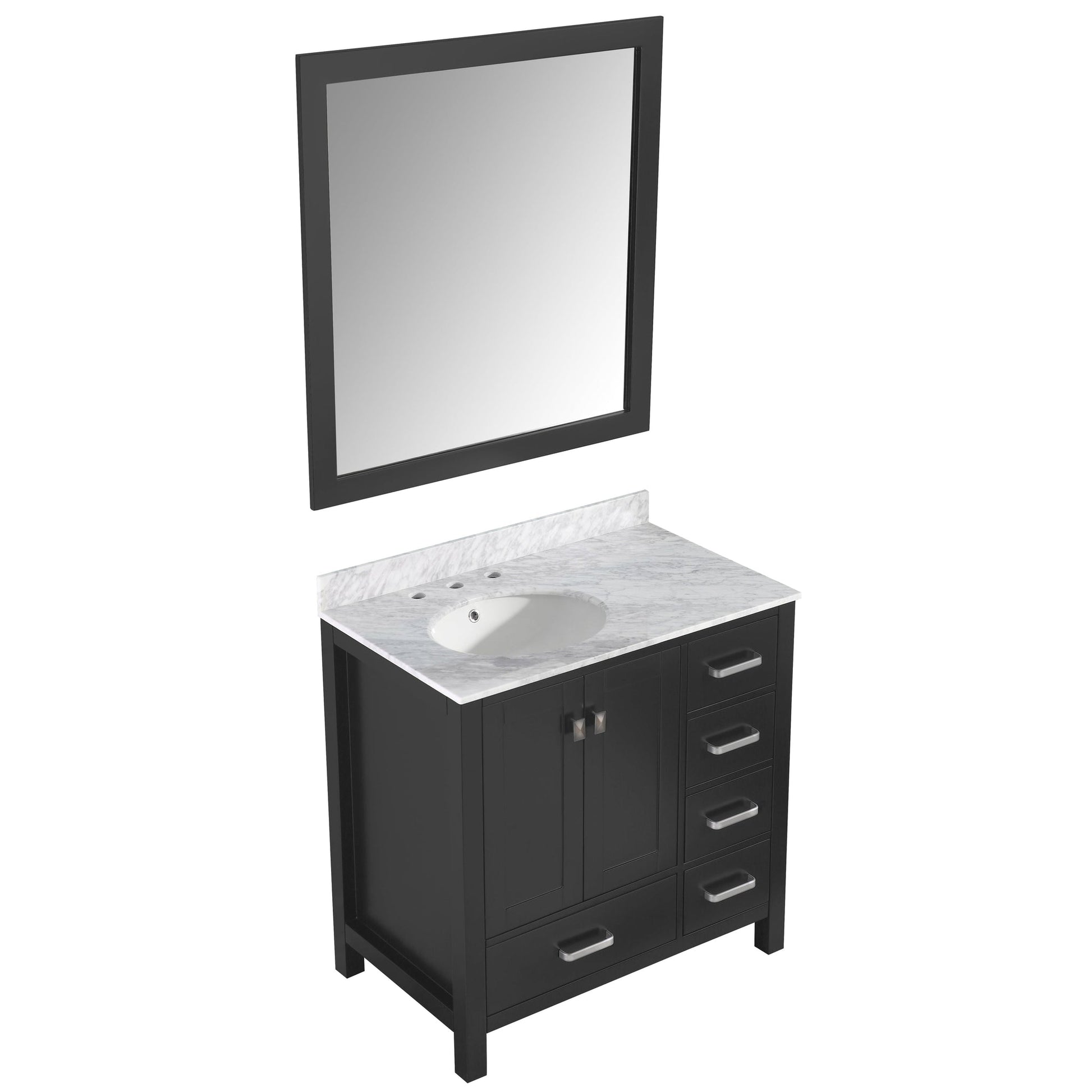 ANZZI Chateau Series 36" x 35" Rich Black Solid Wood Bathroom Vanity With White Carrara Marble Countertop, Basin Sink and Mirror