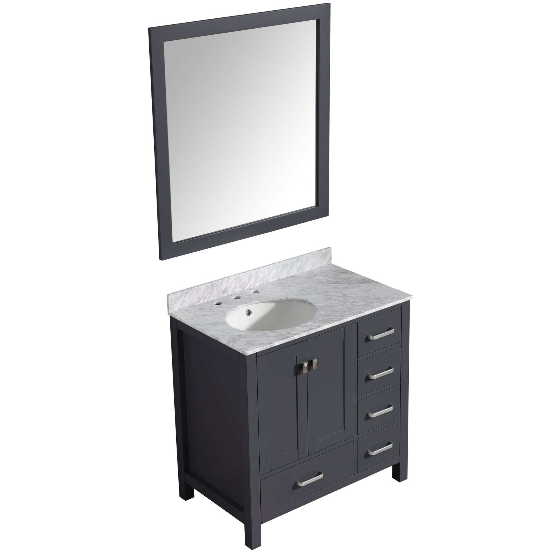 ANZZI Chateau Series 36" x 35" Rich Gray Solid Wood Bathroom Vanity With White Carrara Marble Countertop, Basin Sink and Mirror