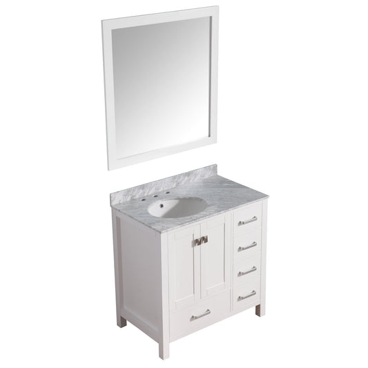 ANZZI Chateau Series 36" x 35" Rich White Solid Wood Bathroom Vanity With White Carrara Marble Countertop, Basin Sink and Mirror