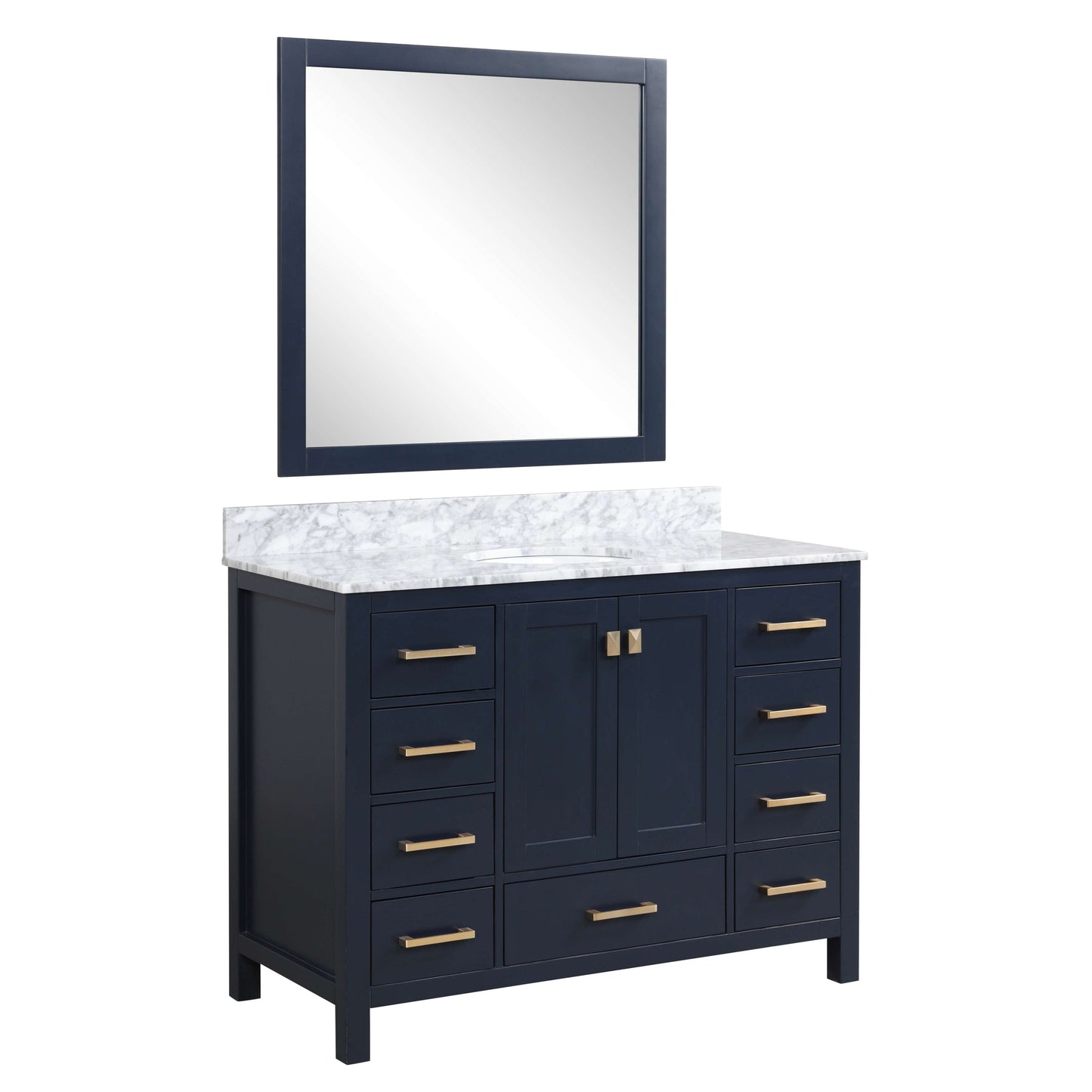 ANZZI Chateau Series 48" x 36" Navy Blue Solid Wood Bathroom Vanity With White Carrara Marble Countertop, Basin Sink and Mirror