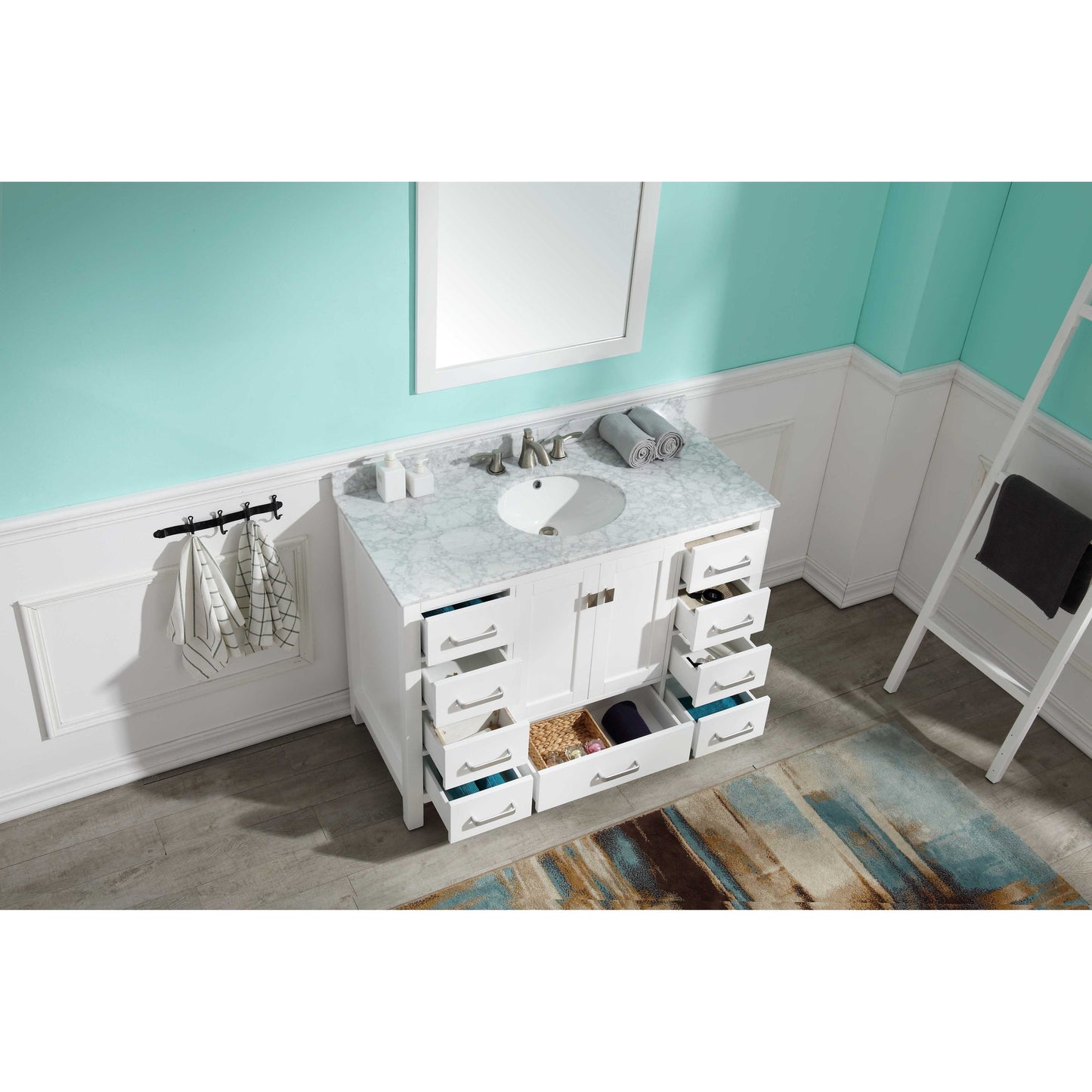 ANZZI Chateau Series 48" x 36" Rich White Solid Wood Bathroom Vanity With White Carrara Marble Countertop, Basin Sink and Mirror