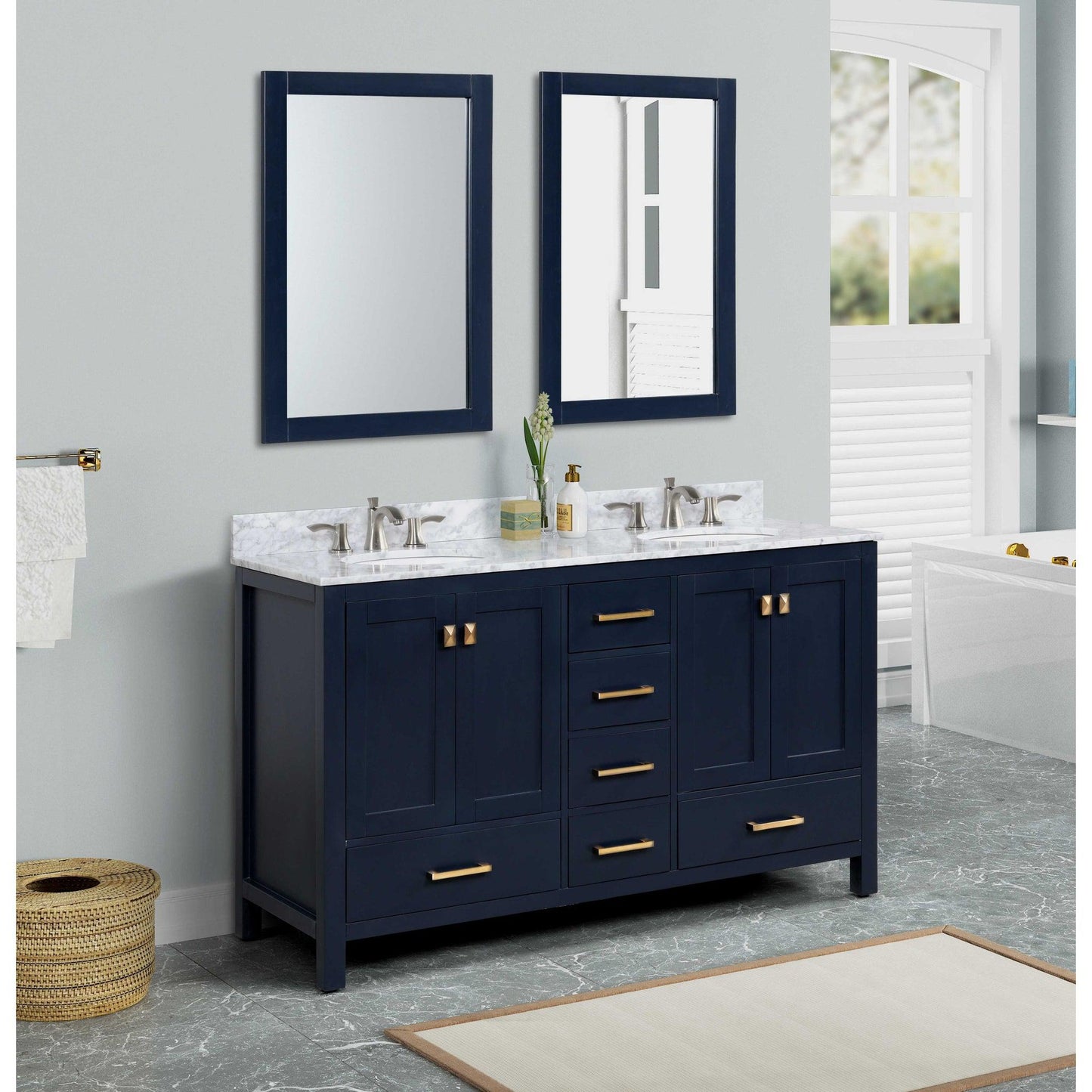 ANZZI Chateau Series 60" x 36" Navy Blue Solid Wood Bathroom Vanity With White Carrara Marble Countertop, Basin Sink and Mirror