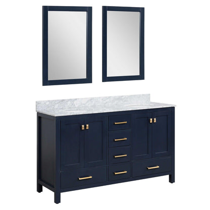 ANZZI Chateau Series 60" x 36" Navy Blue Solid Wood Bathroom Vanity With White Carrara Marble Countertop, Basin Sink and Mirror