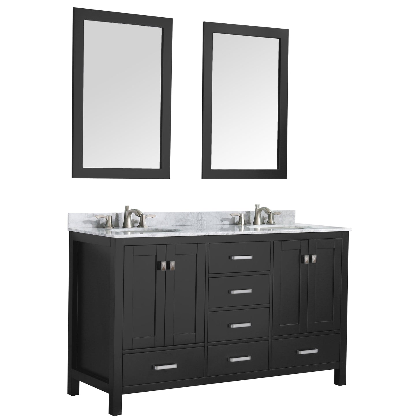 ANZZI Chateau Series 60" x 36" Rich Black Solid Wood Bathroom Vanity With White Carrara Marble Countertop, Basin Sink and Mirror