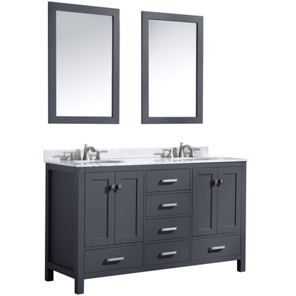 ANZZI Chateau Series 60" x 36" Rich Gray Solid Wood Bathroom Vanity With White Carrara Marble Countertop, Basin Sink and Mirror