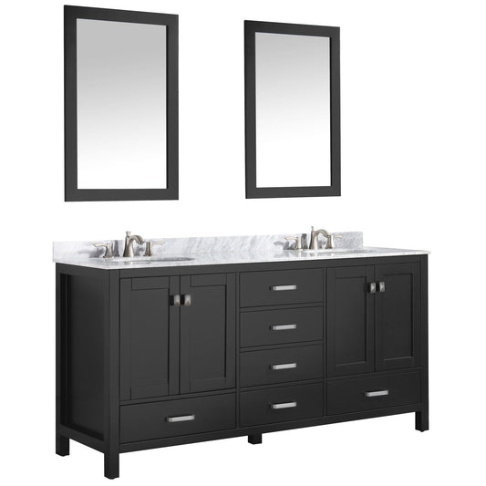 ANZZI Chateau Series 72" x 36" Rich Black Solid Wood Bathroom Vanity With White Carrara Marble Countertop, Basin Sink and Mirror