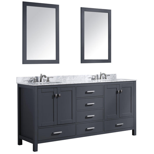 ANZZI Chateau Series 72" x 36" Rich Gray Solid Wood Bathroom Vanity With White Carrara Marble Countertop, Basin Sink and Mirror