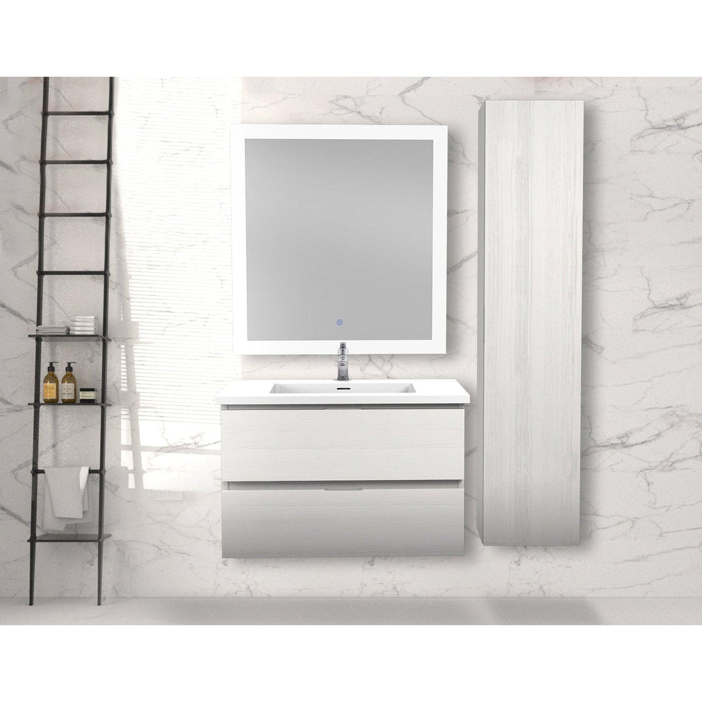 ANZZI Conques 30" x 20" Rich White Solid Wood Bathroom Vanity With Glossy White Countertop With Sink, 30" LED Mirror and Side Cabinet