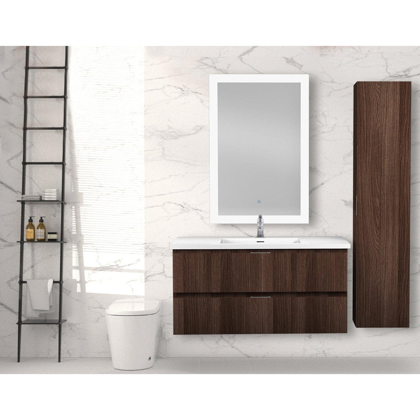 ANZZI Conques 39" x 20" Dark Brown Solid Wood Bathroom Vanity With Glossy White Countertop With Sink, 24" LED Mirror and Side Cabinet