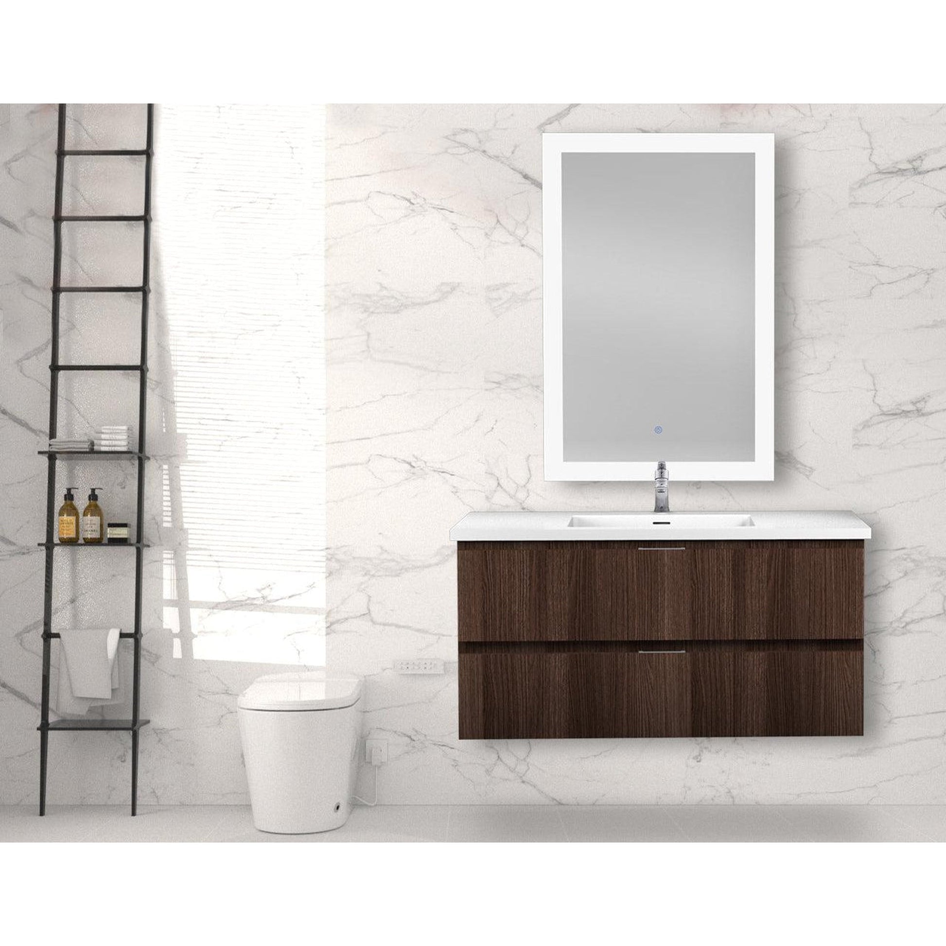 ANZZI Conques 39" x 20" Dark Brown Solid Wood Bathroom Vanity With Glossy White Countertop With Sink and 24" LED Mirror