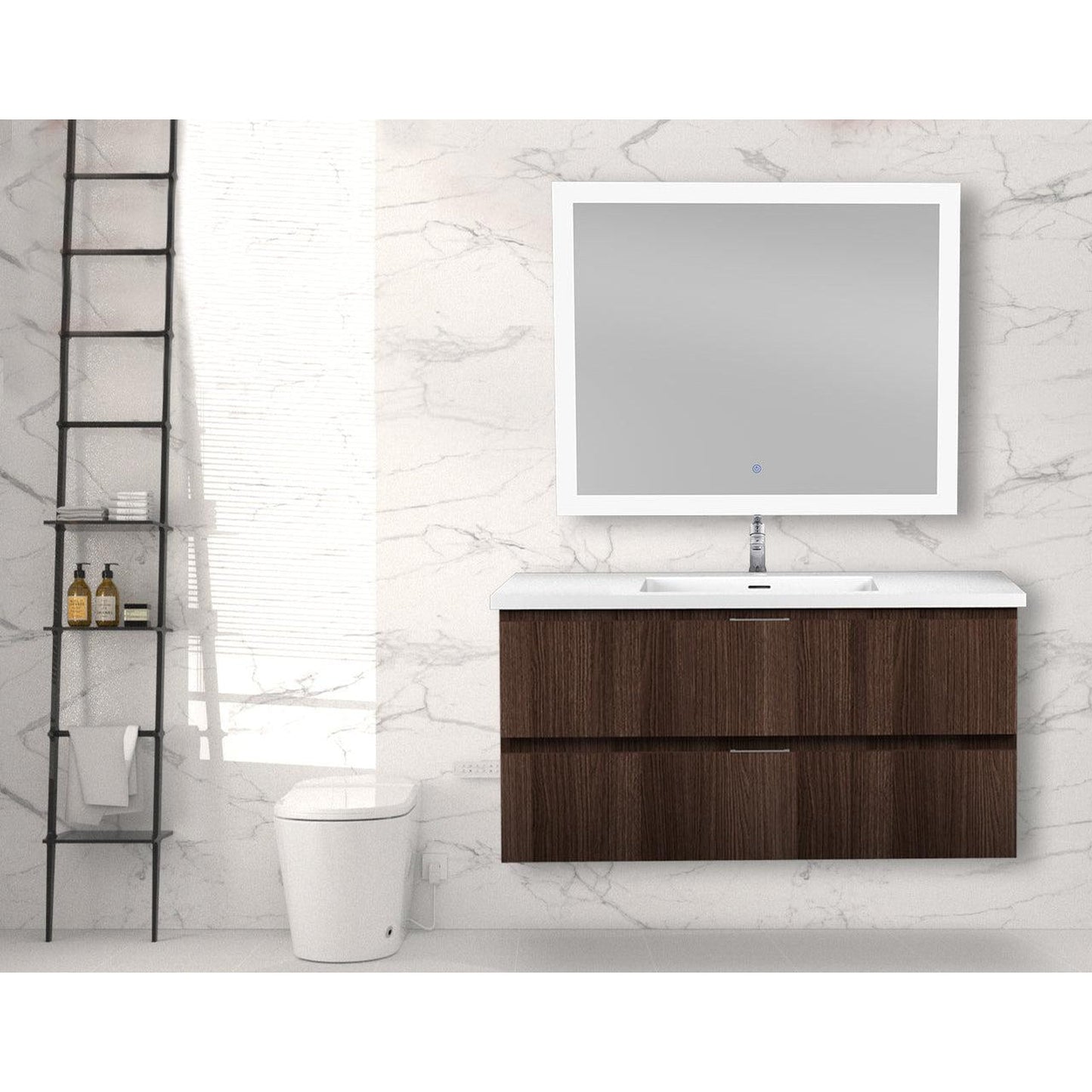 ANZZI Conques 39" x 20" Dark Brown Solid Wood Bathroom Vanity With Glossy White Countertop With Sink and 39" LED Mirror