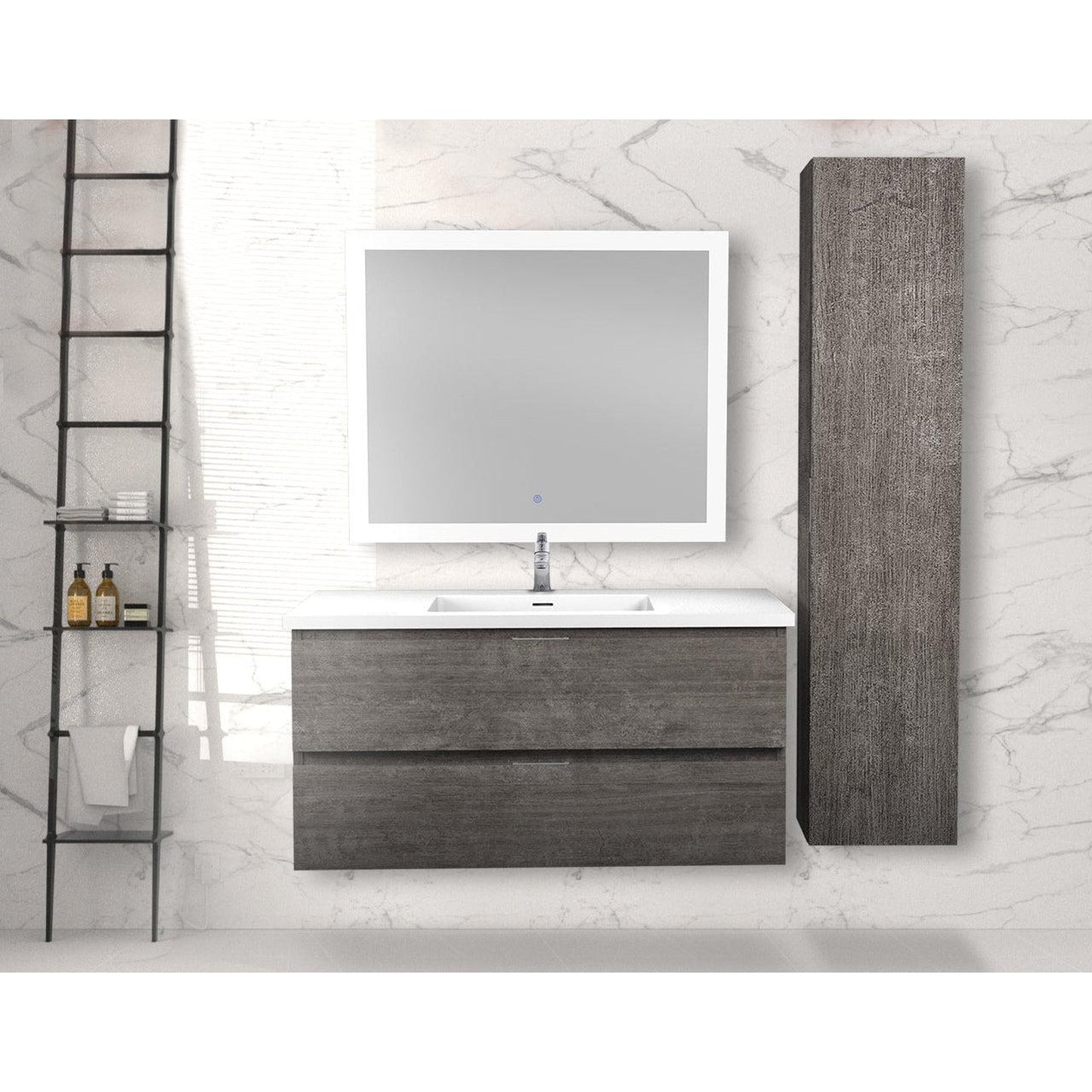 ANZZI Conques 39" x 20" Rich Gray Solid Wood Bathroom Vanity With Glossy White Countertop With Sink, 39" LED Mirror and Side Cabinet