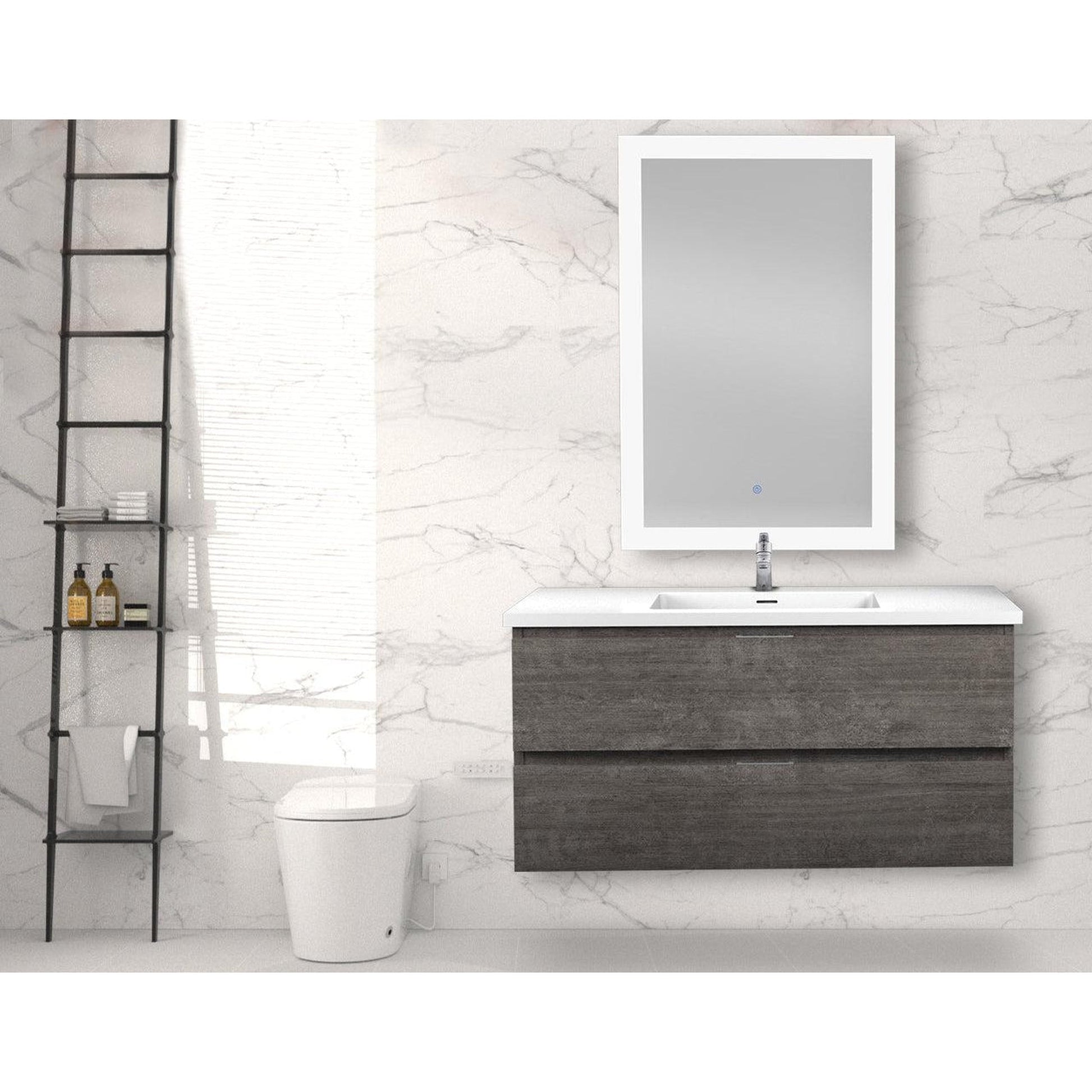 ANZZI Conques 39" x 20" Rich Gray Solid Wood Bathroom Vanity With Glossy White Countertop With Sink and 24" LED Mirror