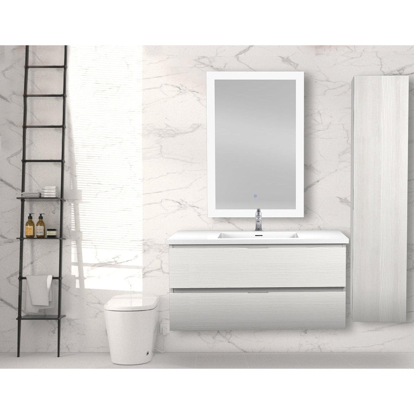 ANZZI Conques 39" x 20" Rich White Solid Wood Bathroom Vanity With Glossy White Countertop With Sink, 24" LED Mirror and Side Cabinet