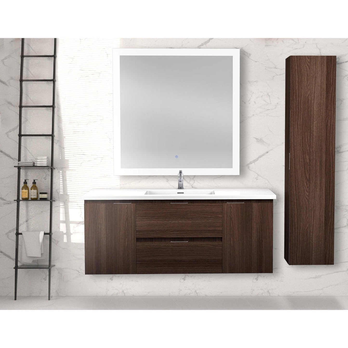 ANZZI Conques 48" x 20" Dark Brown Solid Wood Bathroom Vanity With Glossy White Countertop With Sink, 36" LED Mirror and Side Cabinet