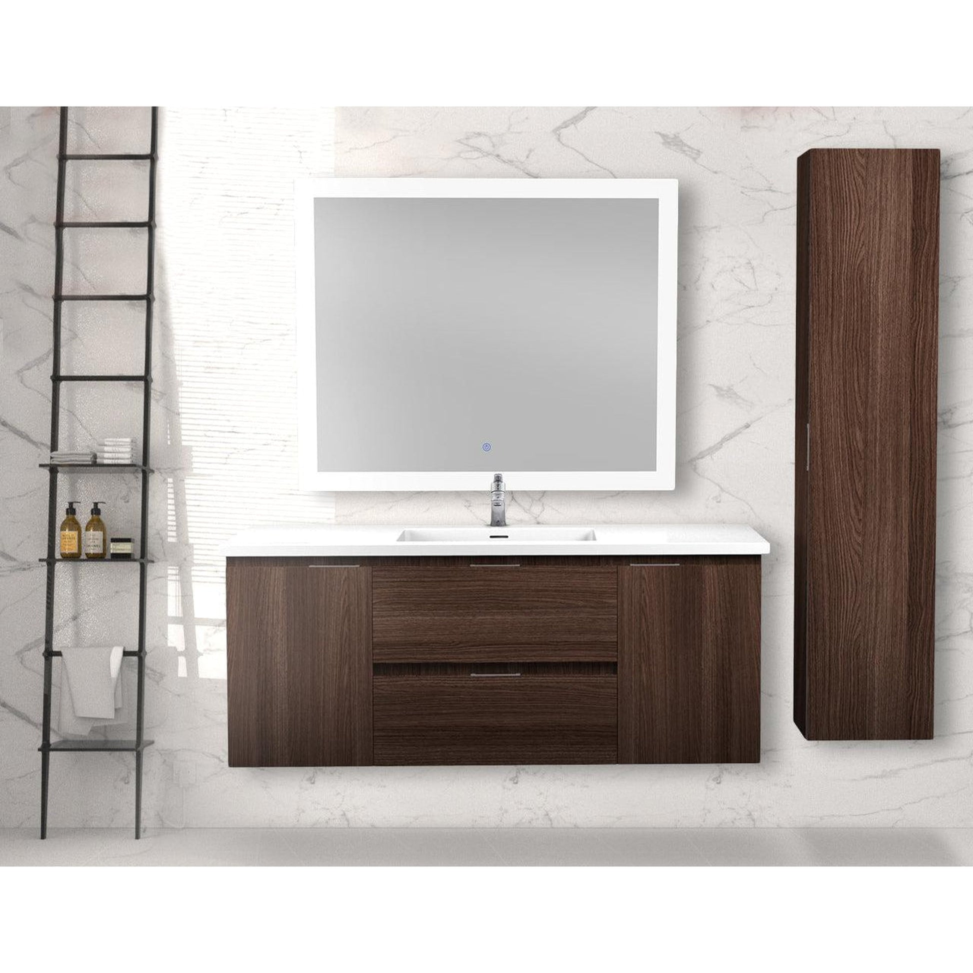 ANZZI Conques 48" x 20" Dark Brown Solid Wood Bathroom Vanity With Glossy White Countertop With Sink, 39" LED Mirror and Side Cabinet