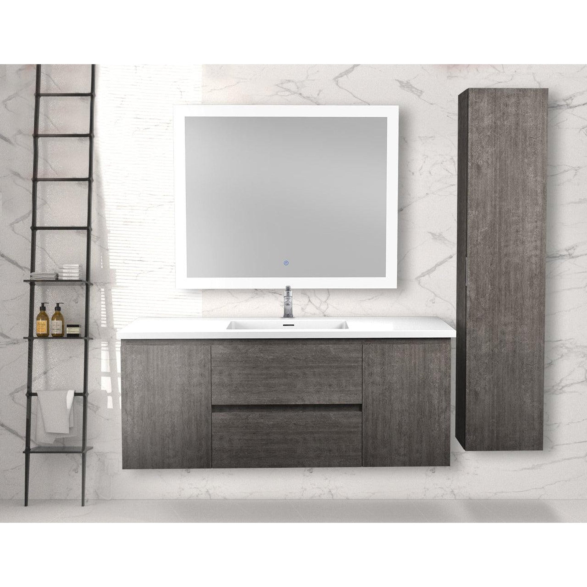 ANZZI Conques 48" x 20" Rich Gray Solid Wood Bathroom Vanity With Glossy White Countertop With Sink, 39" LED Mirror and Side Cabinet