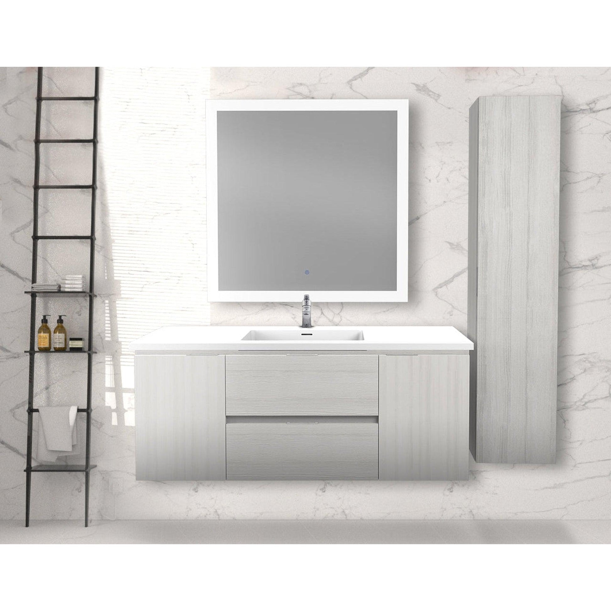 ANZZI Conques 48" x 20" Rich White Solid Wood Bathroom Vanity With Glossy White Countertop With Sink, 36" LED Mirror and Side Cabinet