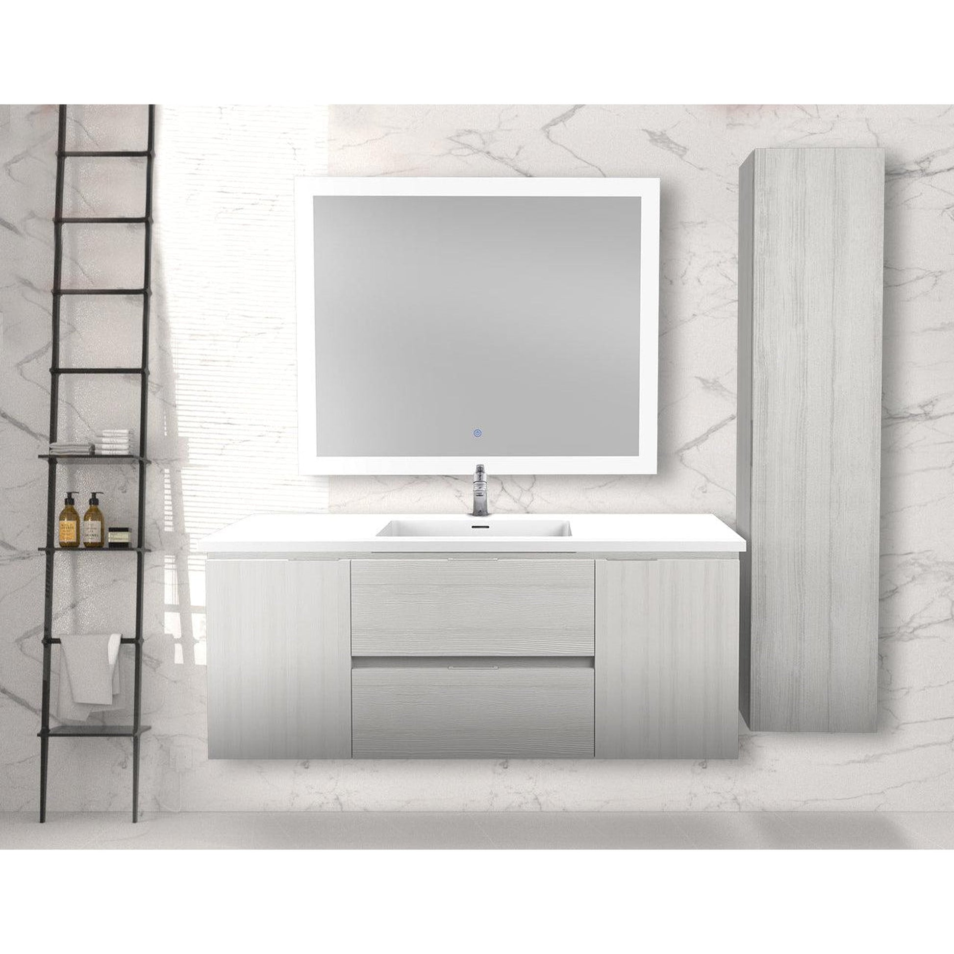 ANZZI Conques 48" x 20" Rich White Solid Wood Bathroom Vanity With Glossy White Countertop With Sink, 39" LED Mirror and Side Cabinet