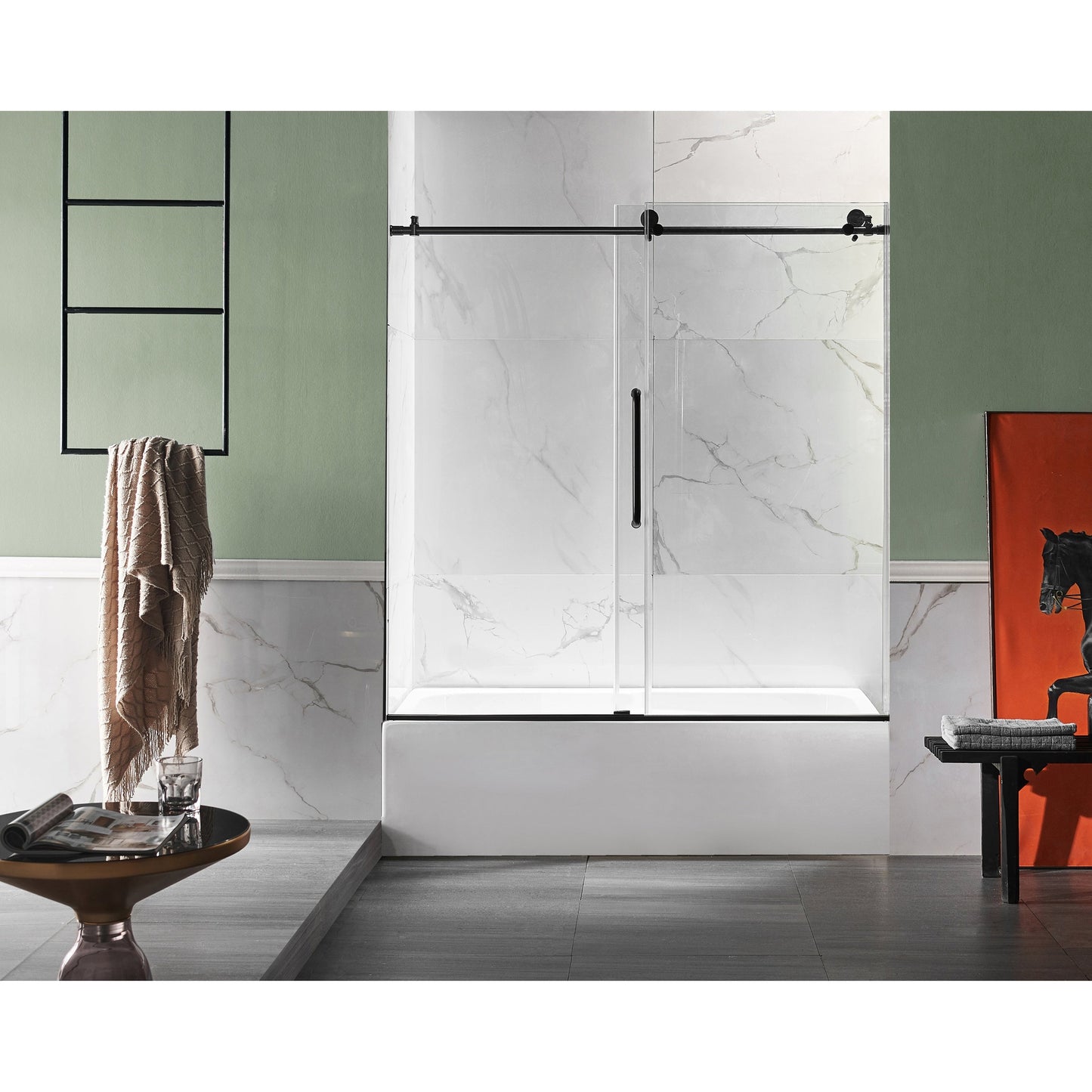 ANZZI Don Series White "60 x 30" Alcove Left Drain Rectangular Bathtub With Built-In Flange and Frameless Matte Black Sliding Door