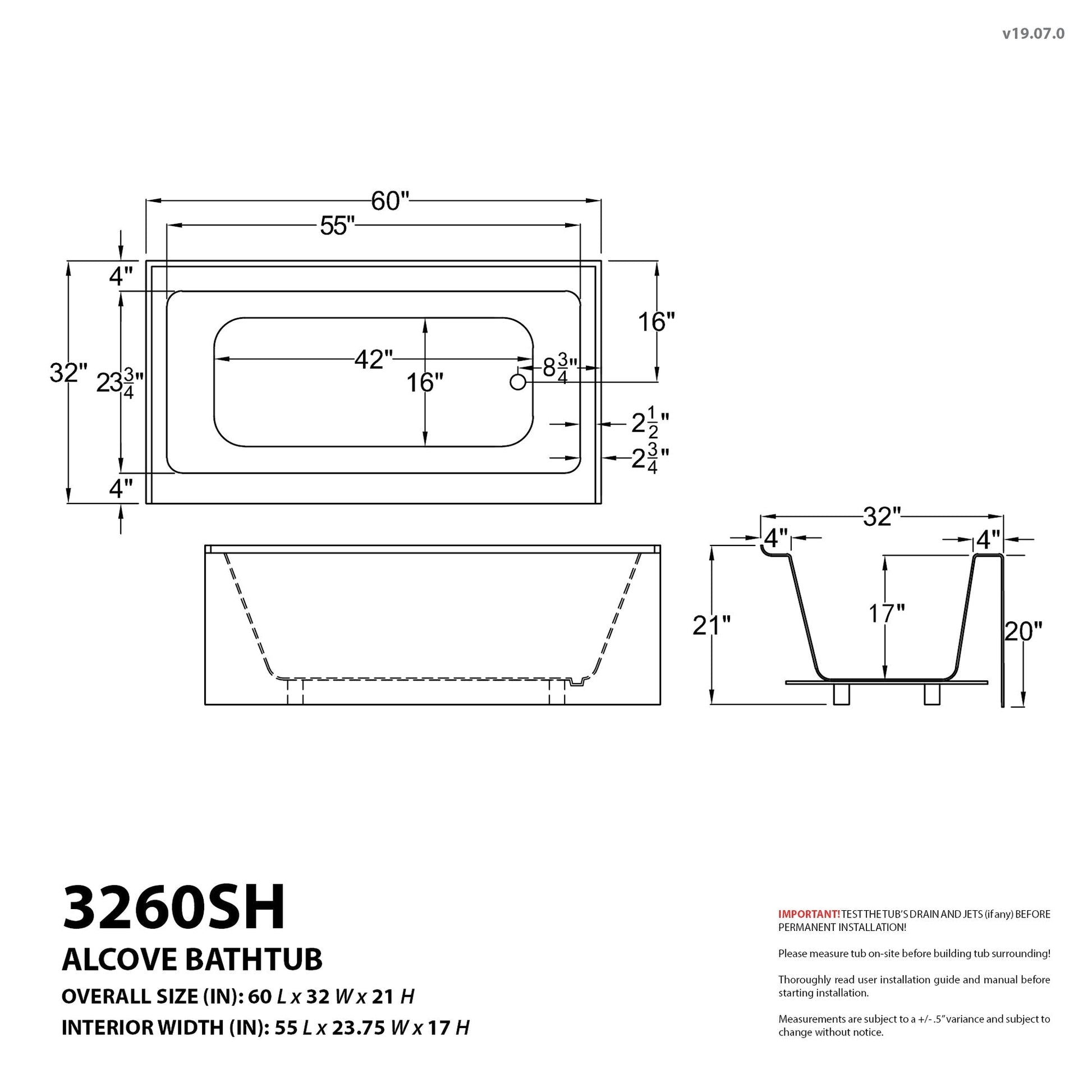 ANZZI Don Series White "60 x 32" Alcove Left Drain Rectangular Bathtub With Built-In Flange and Frameless Matte Black Sliding Door