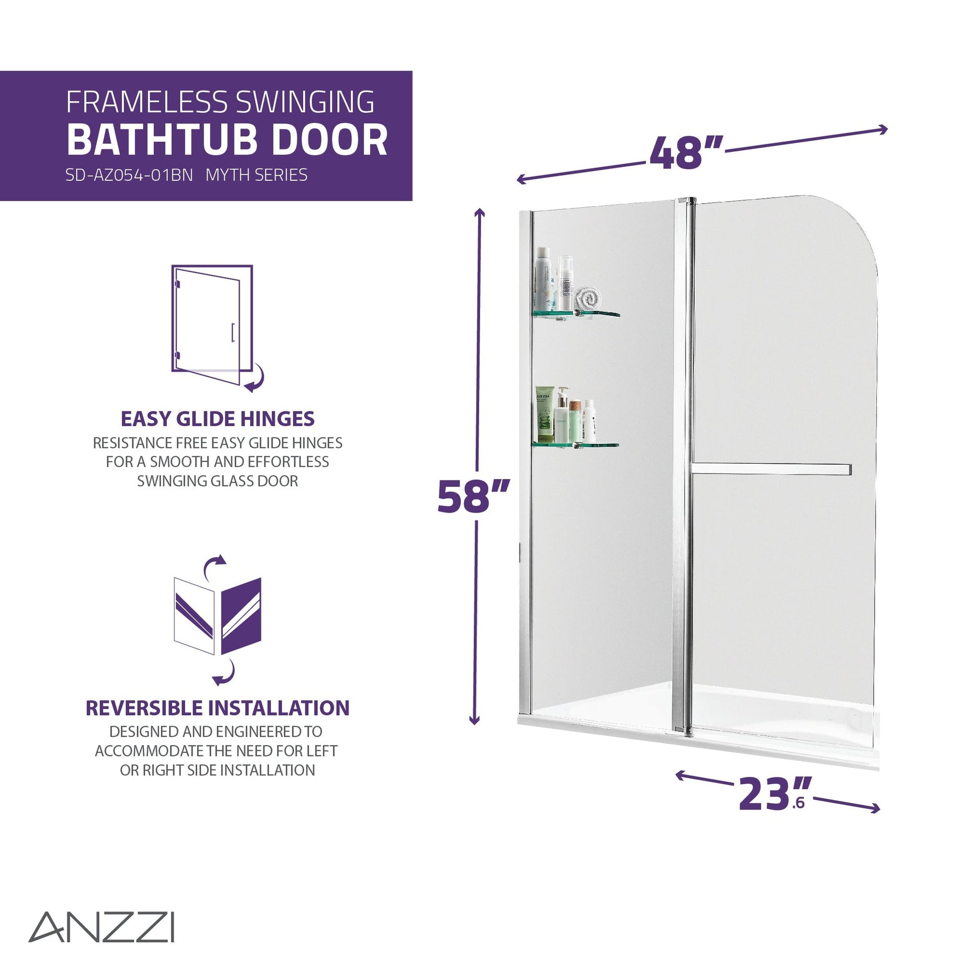 ANZZI Galleon Series White "60 x 30" Alcove Right Drain Rectangular Bathtub With Built-In Flange and Frameless Brushed Nickel Hinged Door