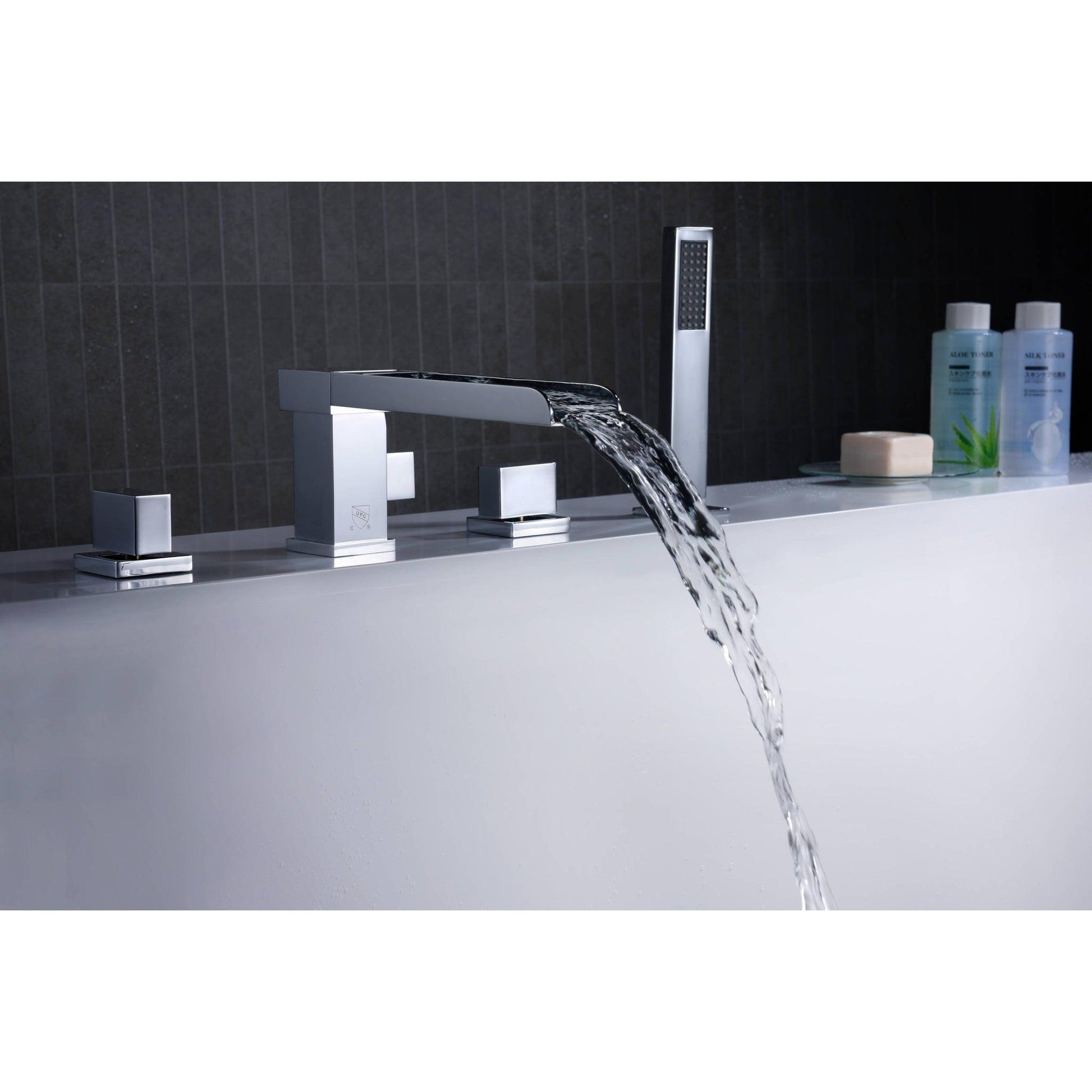 ANZZI Glymur Series 2-Handle Polished Chrome Waterfall Spout Roman Tub Faucet With Euro-Grip Handheld Sprayer