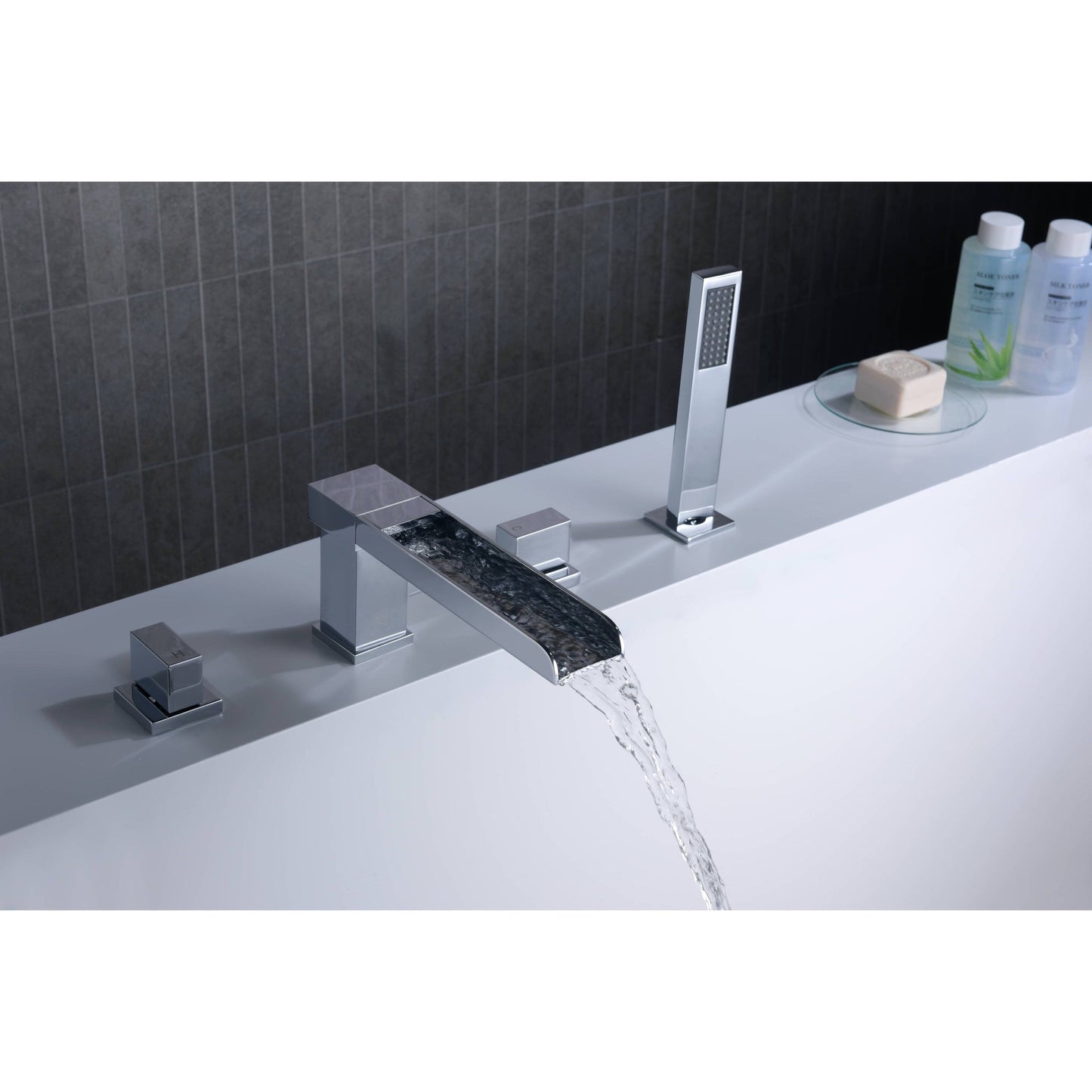 ANZZI Glymur Series 2-Handle Polished Chrome Waterfall Spout Roman Tub Faucet With Euro-Grip Handheld Sprayer