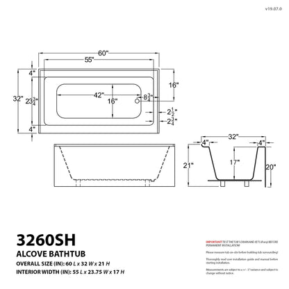 ANZZI Myth Series White "60 x 32" Alcove Left Drain Rectangular Bathtub With Built-In Flange and Frameless Brushed Nickel Hinged Door