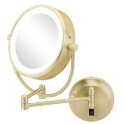 Aptations Kimball & Young 12" x 14" Brushed Brass Wall-Mounted NeoModern Hardwired 1X/5X Magnified Makeup Mirror With Switchable 3,500K Warm White and 5,500K Cool White LED Light Color