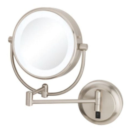 Aptations Kimball & Young 12" x 14" Brushed Nickel Wall-Mounted NeoModern Hardwired 1X/5X Magnified Makeup Mirror With Switchable 3,500K Warm White and 5,500K Cool White LED Light Color
