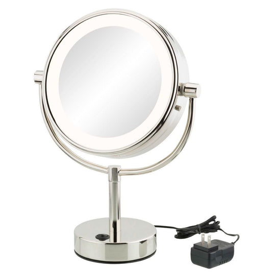 Aptations Kimball & Young 9" x 15" Chrome Freestanding Round NeoModern Plugin 1X/5X Magnified Mirror With 3,500K Warm White LED Light Color