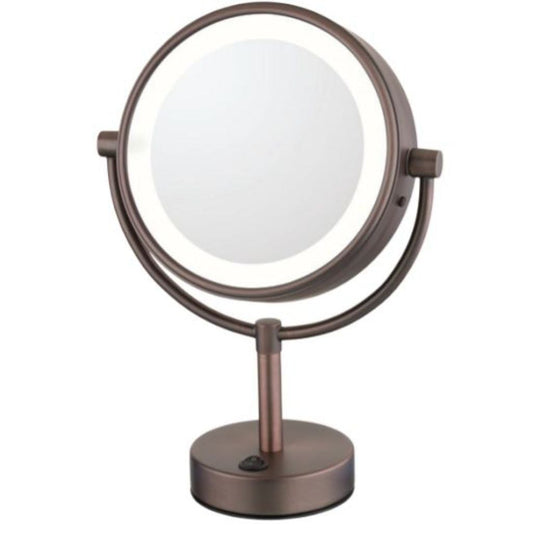 Aptations Kimball & Young 9" x 15" Italian Bronze Freestanding Round NeoModern Plugin 1X/5X Magnified Mirror With 3,500K Warm White LED Light Color