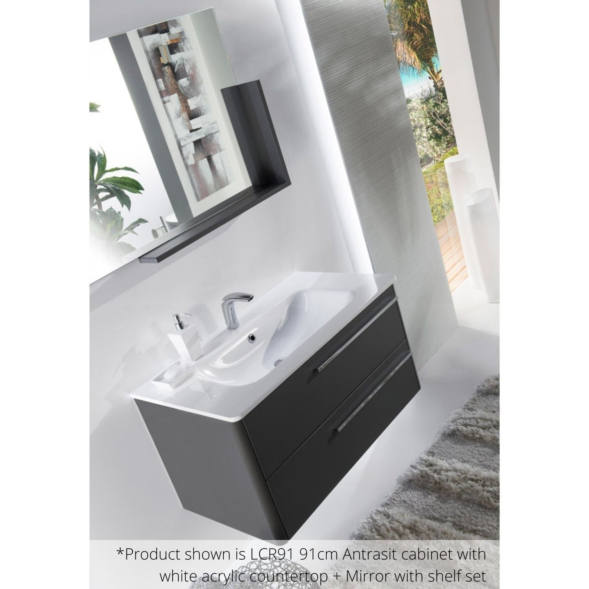 Armadi Art Moderno Luce 28” x 20” Dust Gray Vanity With White Acrylic Countertop and Mirror With Shelf