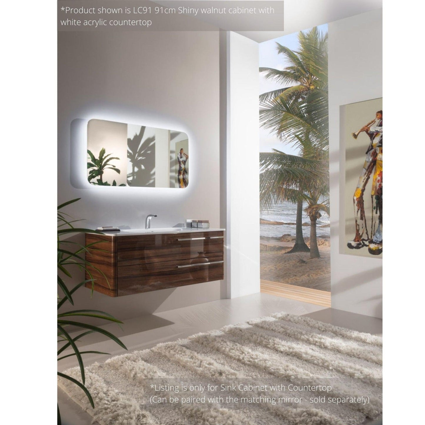 Armadi Art Moderno Luce 28” x 20” Shiny Walnut Vanity with White Acrylic Countertop