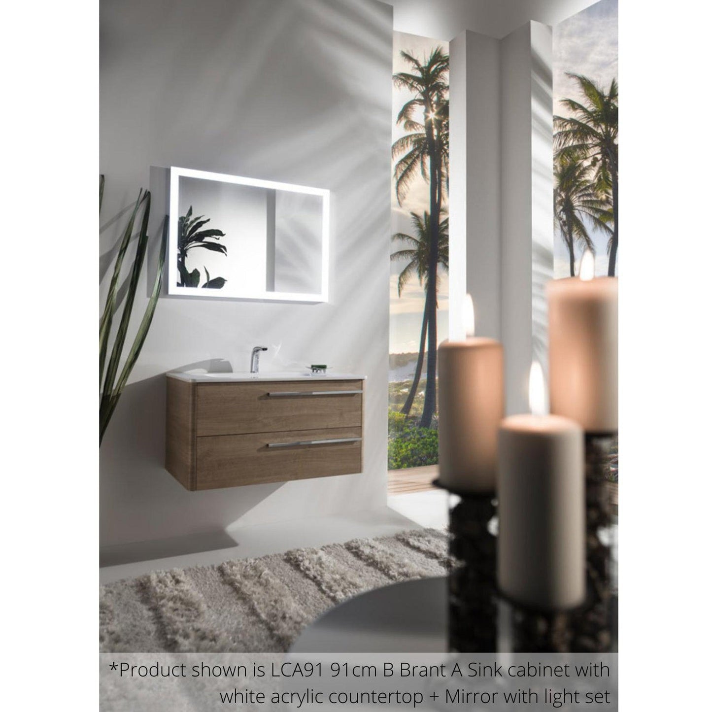 Armadi Art Moderno Luce 28” x 20” Shiny White Vanity With White Acrylic Countertop and Mirror With Front Lights on All Sides