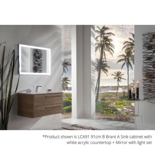 Armadi Art Moderno Luce 28” x 20” Veralinga White Vanity With White Acrylic Countertop and Mirror With Front Lights on All Sides