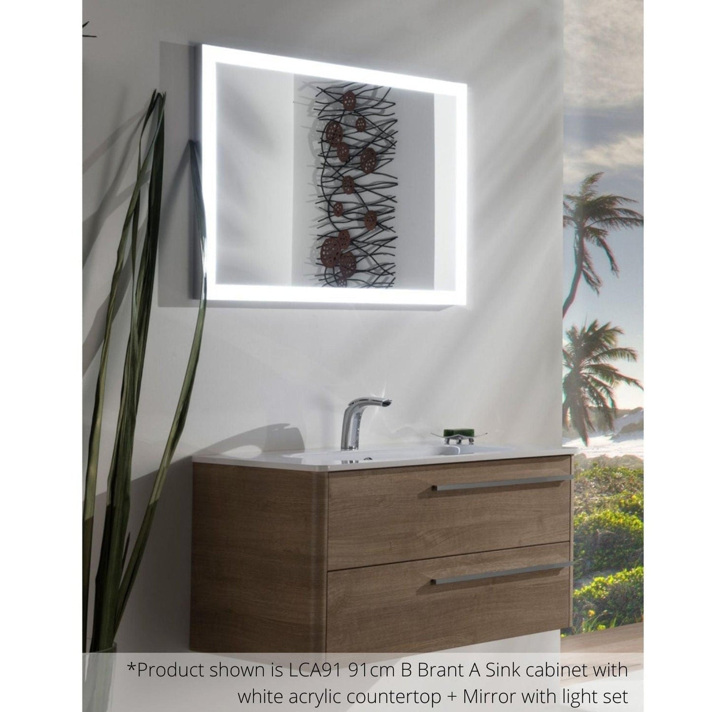 Armadi Art Moderno Luce 36” x 20” Velluta Cashmere Vanity With White Acrylic Countertop and Mirror With Front Lights on All Sides