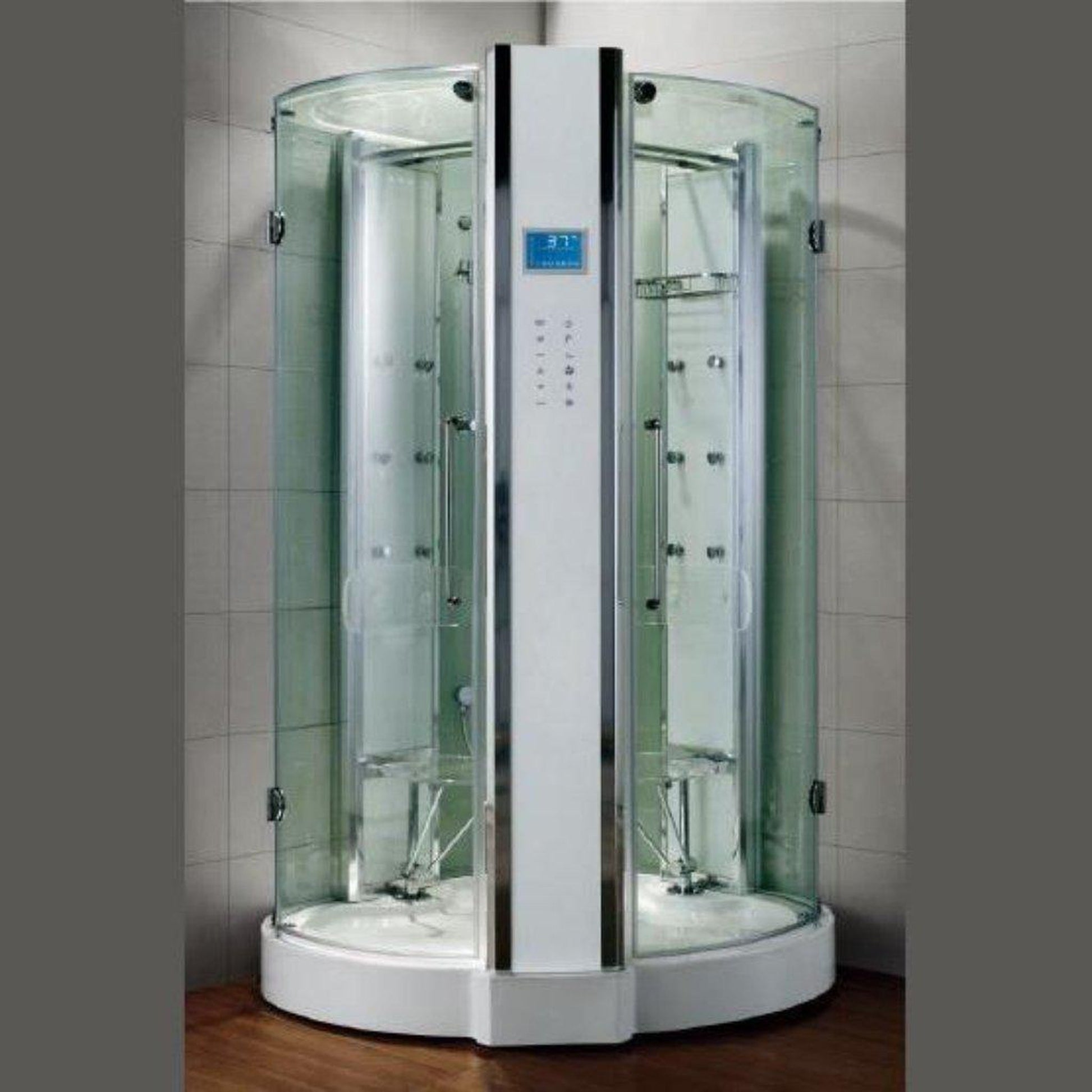 Athena 53" x 53" x 90" Two Person Corner Steam Shower With Dual Hinged Doors 12 Massage Jets & LED Chromatherapy Lighting