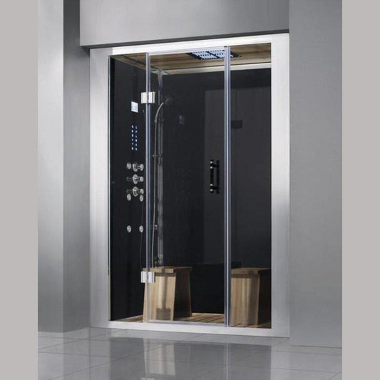 Athena 59" x 36" x 87" Two Person Framed Black Colored Rectangle Steam Shower With Sliding Doors 12 Massage Jets & LED Chromatherapy Lighting